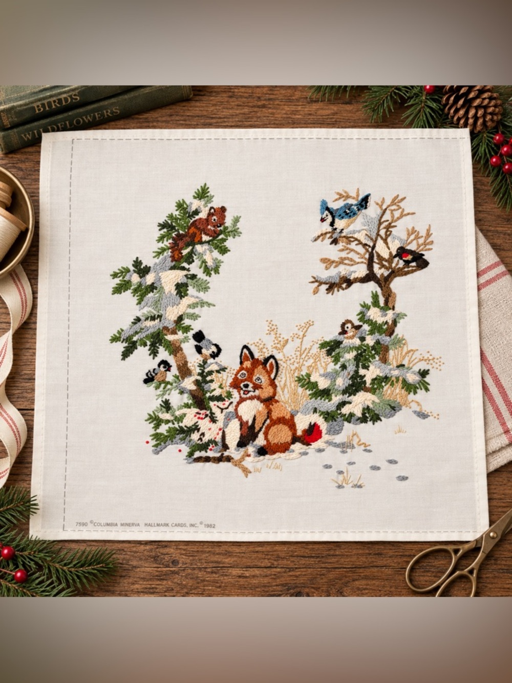 Vintage 1982 Columbia Minerva Hallmark Crewel Embroidery Fox Woodland Winter
